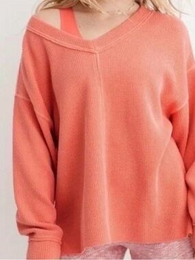 aerie Coral V-Neck Knit Sweater